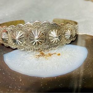 Vintage Fred Harvey hand-stamped sterling silver Native American cuff bracelet